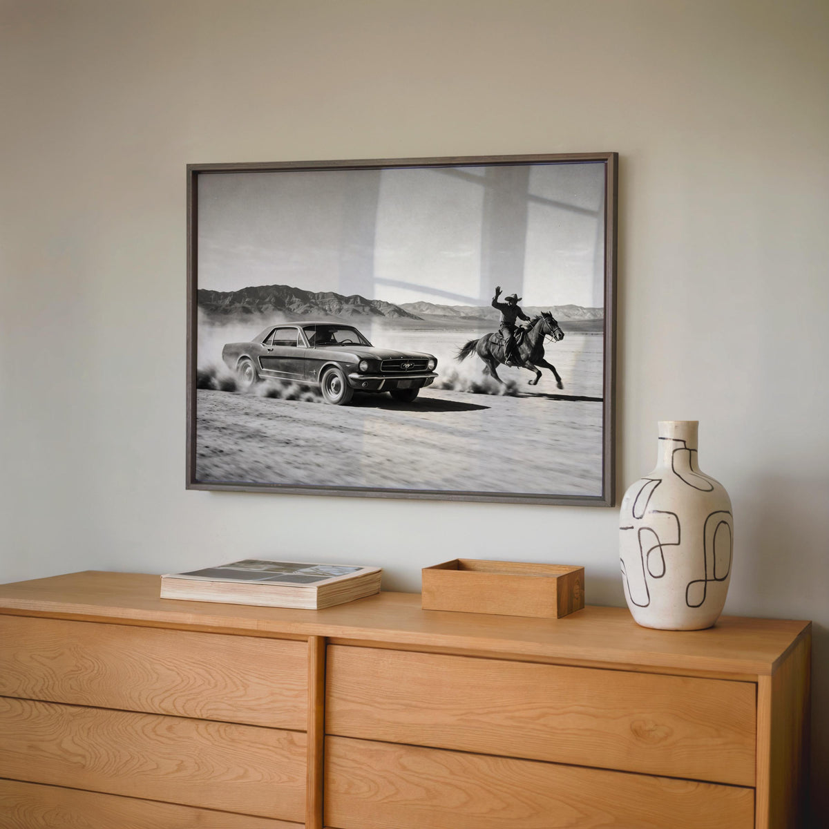 Cowboy & Horse VS Classic Car Print, Vintage Texas Black and White Photo, Western Country Old Poster, Mid Century Retro Americana Wall Art
