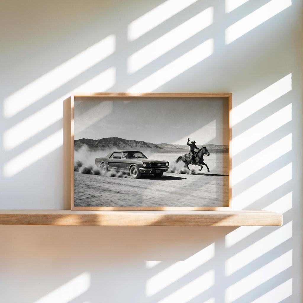 Cowboy & Horse VS Classic Car Print, Vintage Texas Black and White Photo, Western Country Old Poster, Mid Century Retro Americana Wall Art