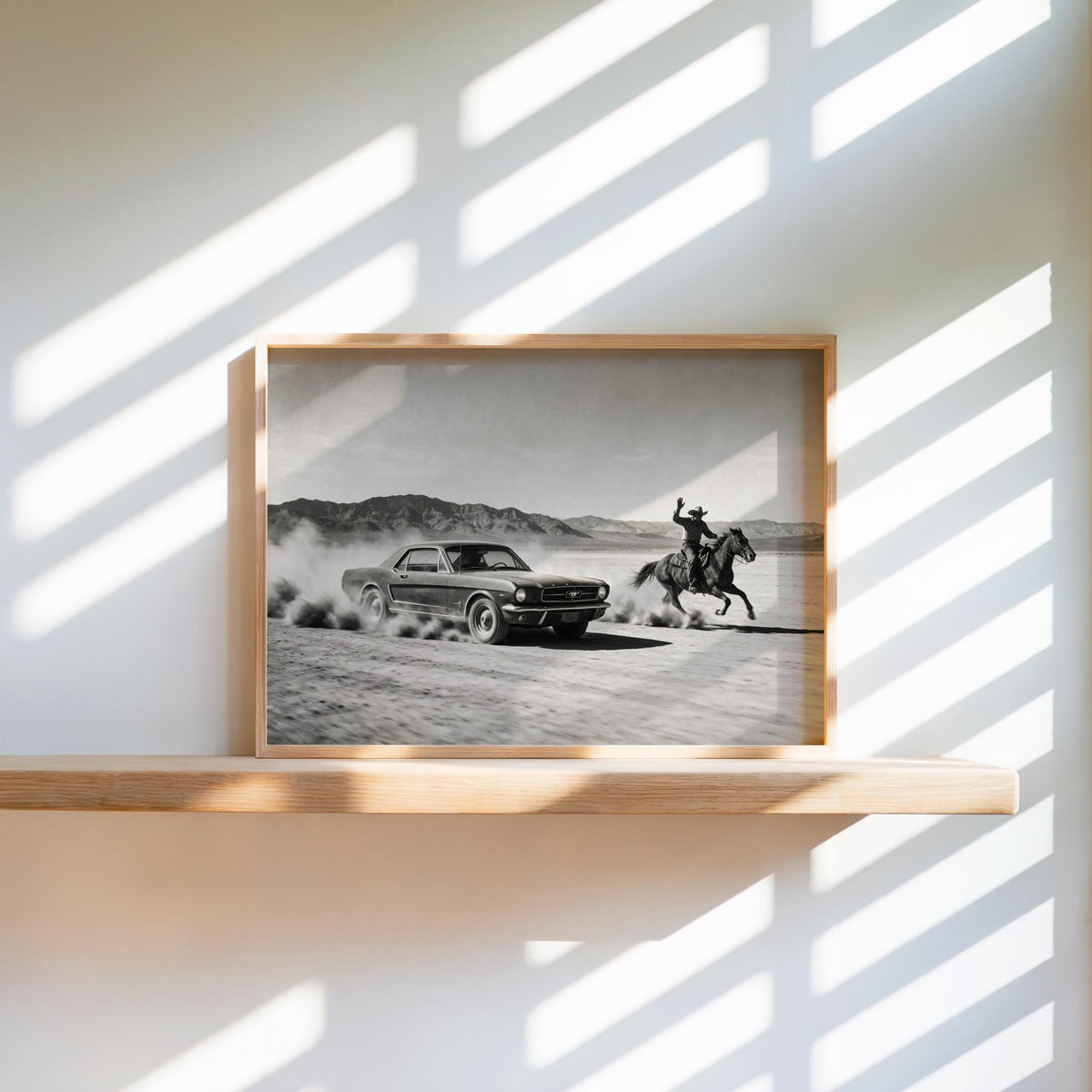 Cowboy & Horse VS Classic Car Print, Vintage Texas Black and White Photo, Western Country Old Poster, Mid Century Retro Americana Wall Art