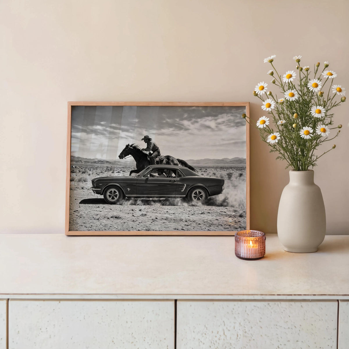 Neutral console with Cowboy and Classic Car Wall Art framed, Western Photography Print paired with vase