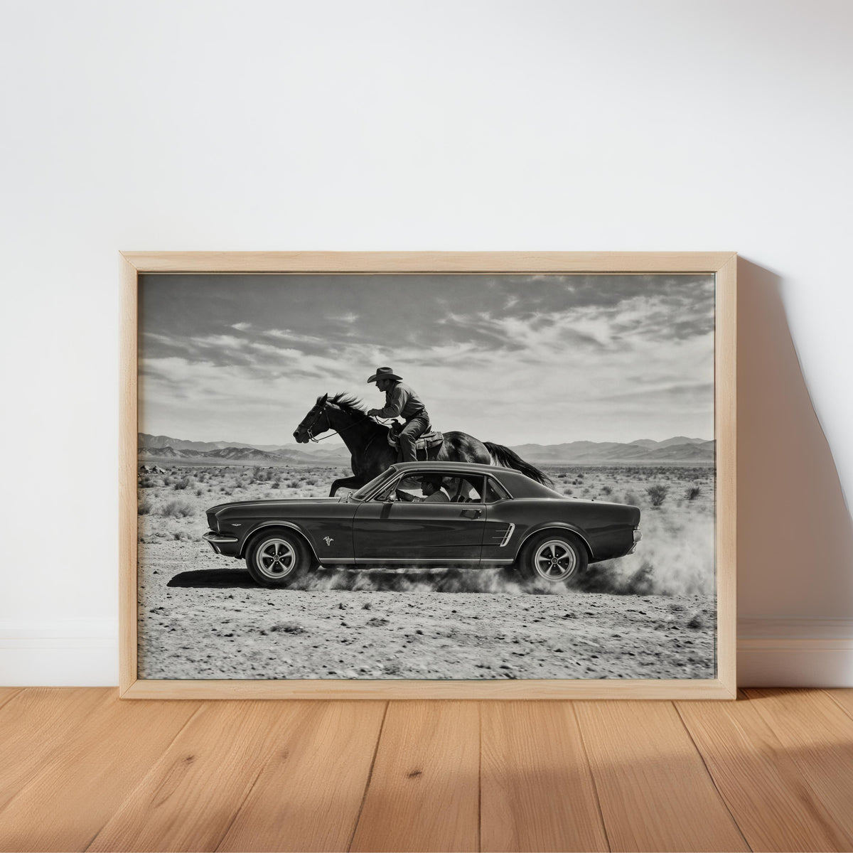 Framed Cowboy and Classic Car Wall Art leaning on hardwood floor, cinematic black-and-white Western print