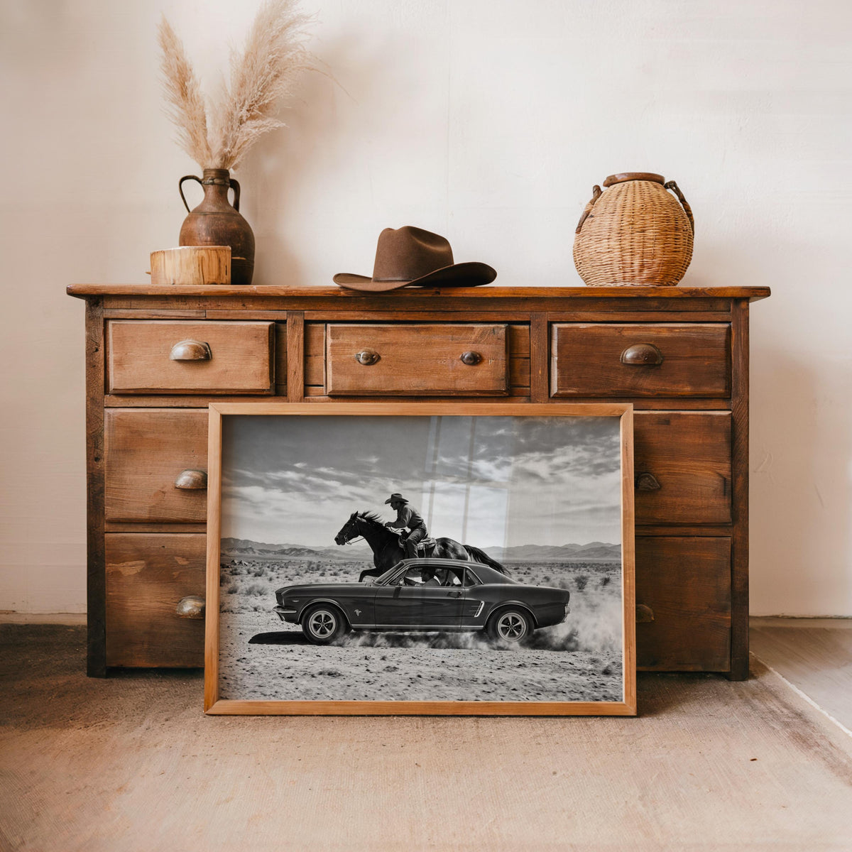 Cowboy and Classic Car Wall Art styled on a rustic dresser, Vintage Car Wall Art, Americana accents