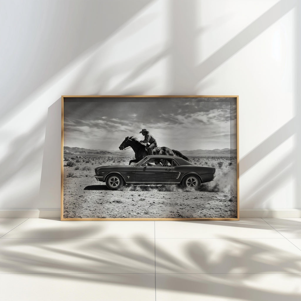 Cozy shelf vignette with Cowboy and Classic Car Wall Art, Vintage Car Wall Art capturing dust and motion