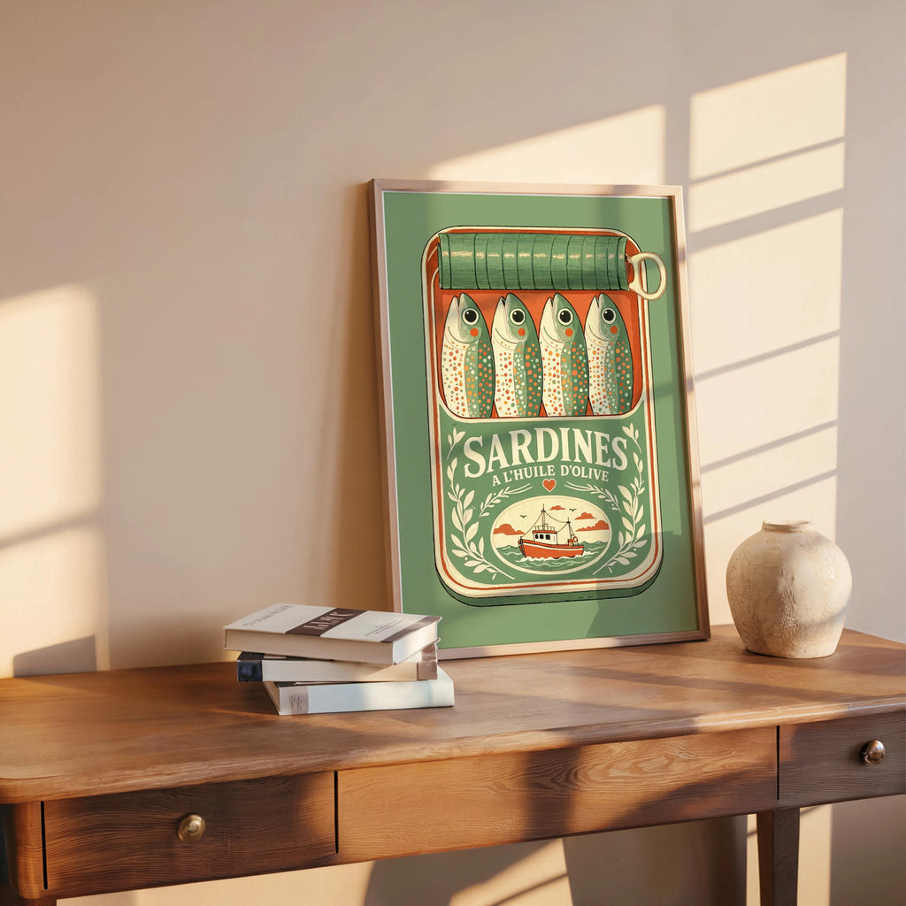 Sardines Can Wall Art, Tinned Fish Illustration, French Kitchen Print, Coquette Trendy Food Decor, Coastal Seafood Cooking Artwork