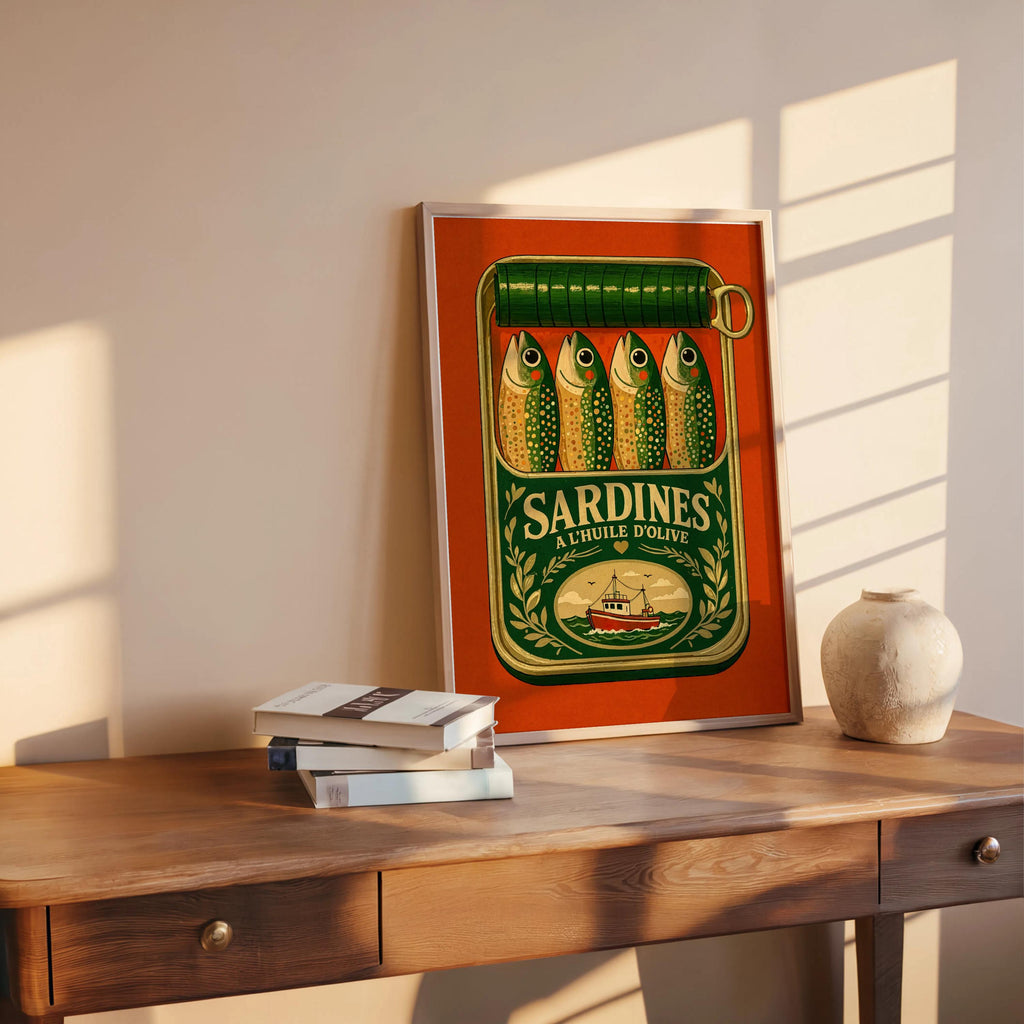 Sardines Can Wall Art, Tinned Fish Illustration, French Kitchen Print, Coquette Trendy Food Decor, Coastal Seafood Cooking Artwork