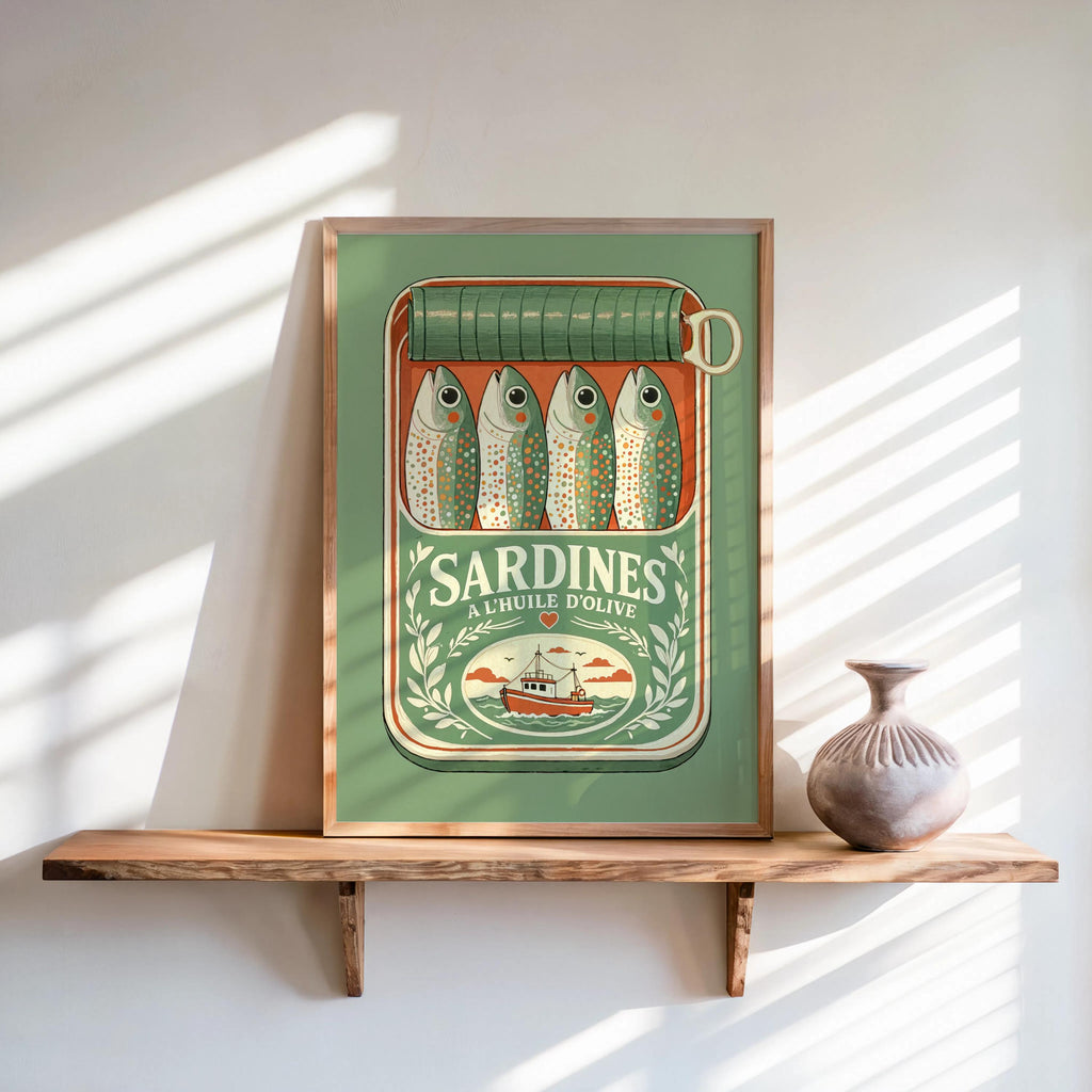 Sardines Can Wall Art, Tinned Fish Illustration, French Kitchen Print, Coquette Trendy Food Decor, Coastal Seafood Cooking Artwork