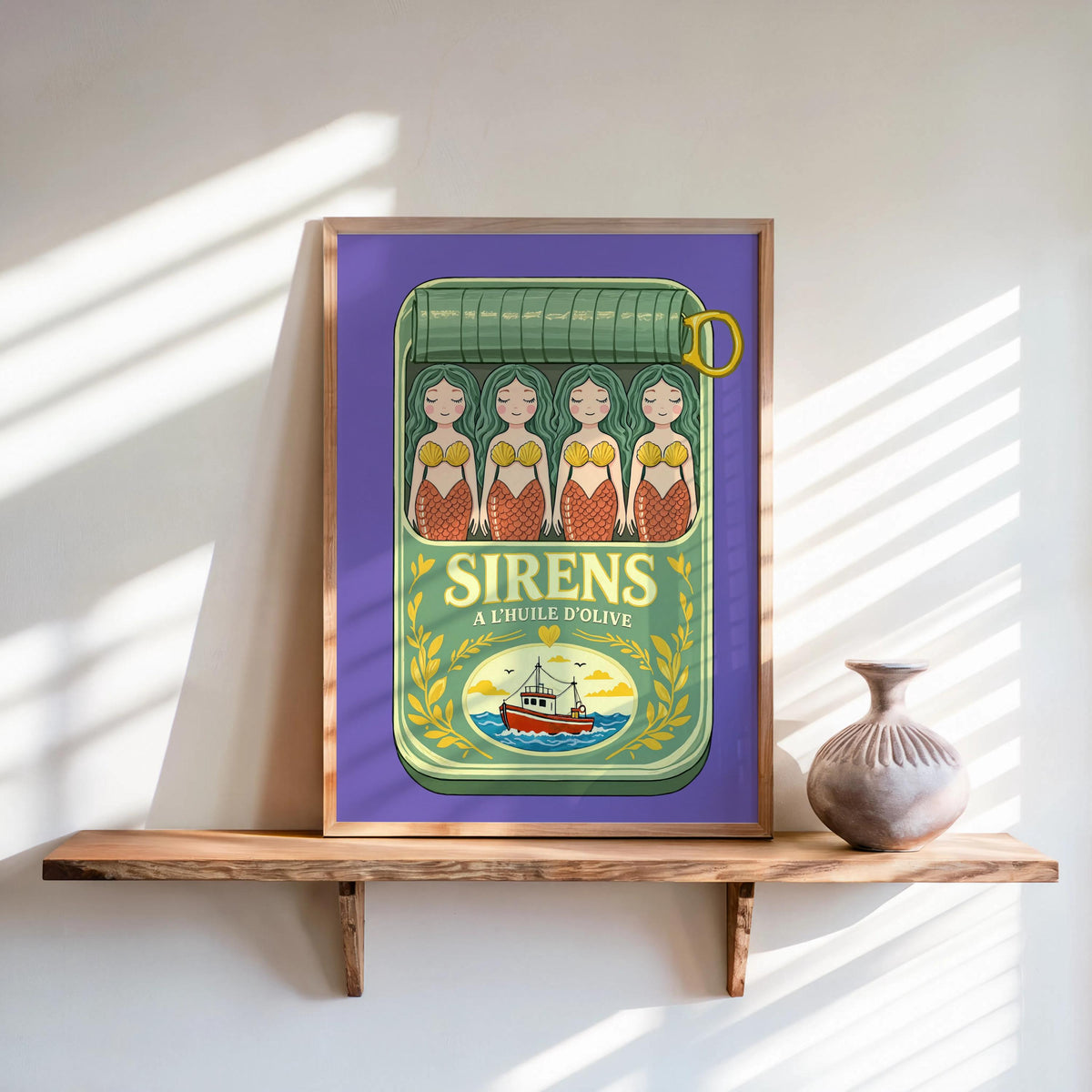Purple-framed mermaid sardine tin art print, green vintage label, seashell-topped sirens, nostalgic feel