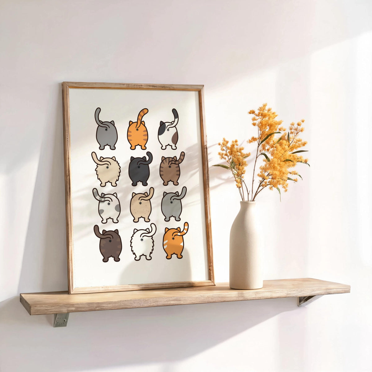 Framed cat butt art resting on a shelf beside dried flowers, warm light, vertical twelve-cat grid, cat butt art print