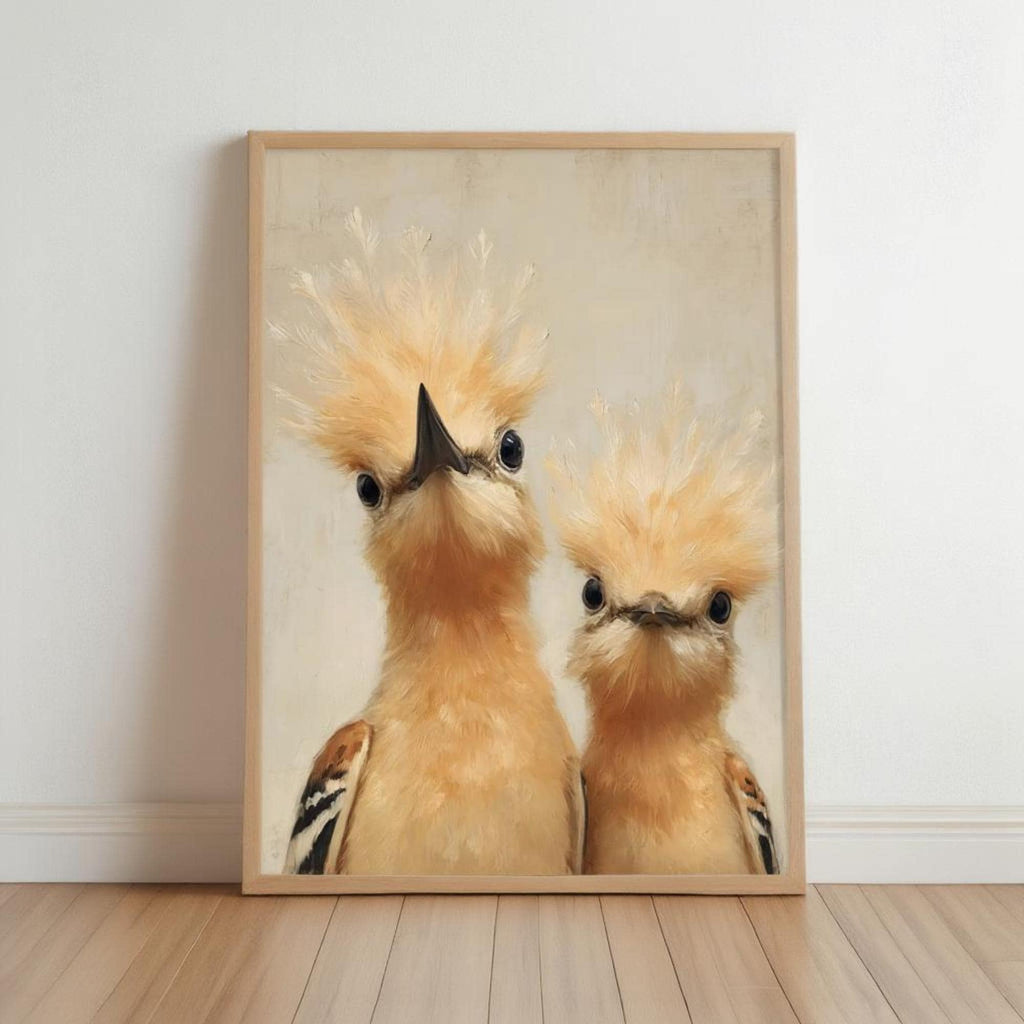 Framed whimsical bird nursery wall art, two peeking hoopoes with fluffy crests, light wood frame, beige textured background.