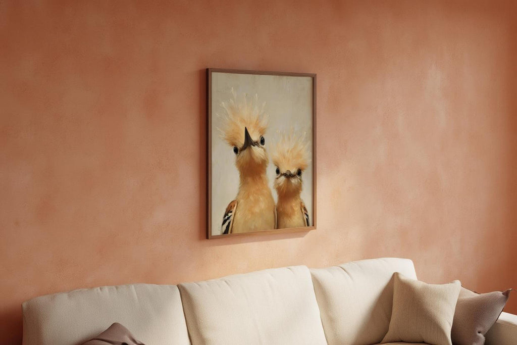 Whimsical bird nursery wall art mounted above a couch on warm clay wall, cute hoopoes, modern minimalist animal art print.