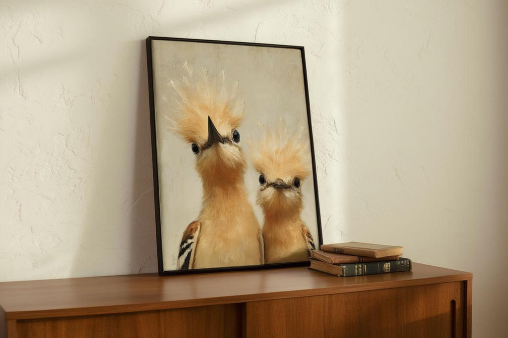 Angled black-framed whimsical bird nursery wall art on a wooden surface, books beside, warm shadow, textured oil style.