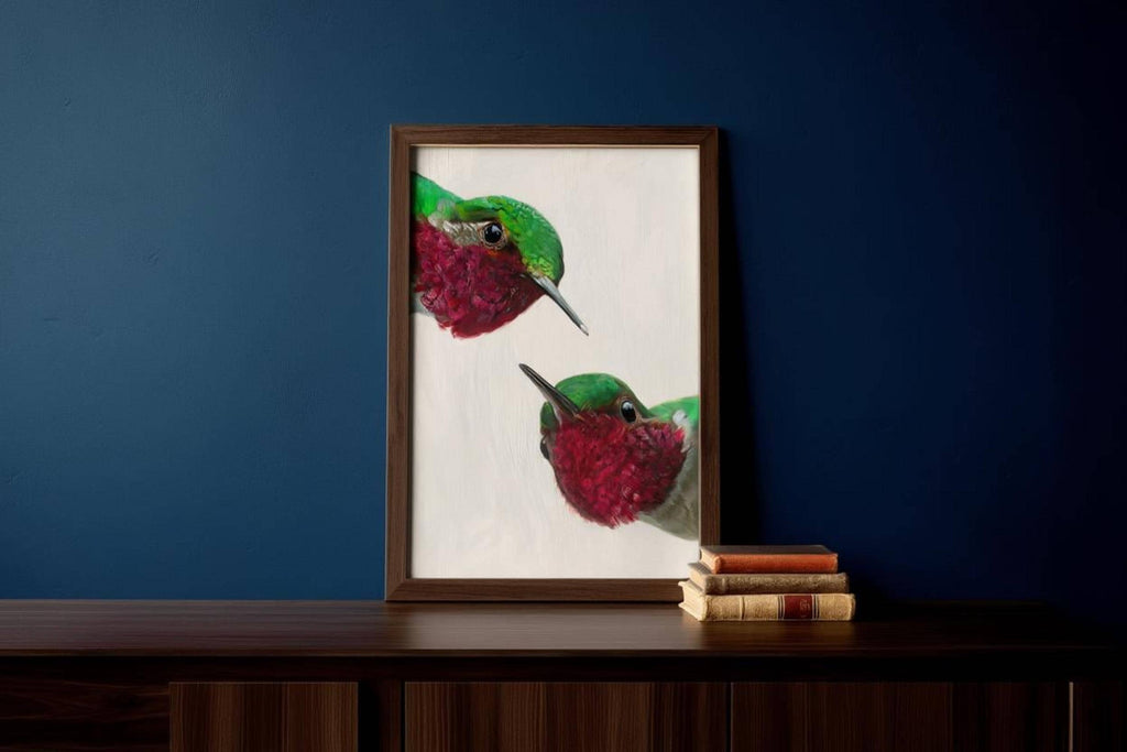 Whimsical hummingbird wall art print above books, deep navy wall, playful animal wall art with bold texture.
