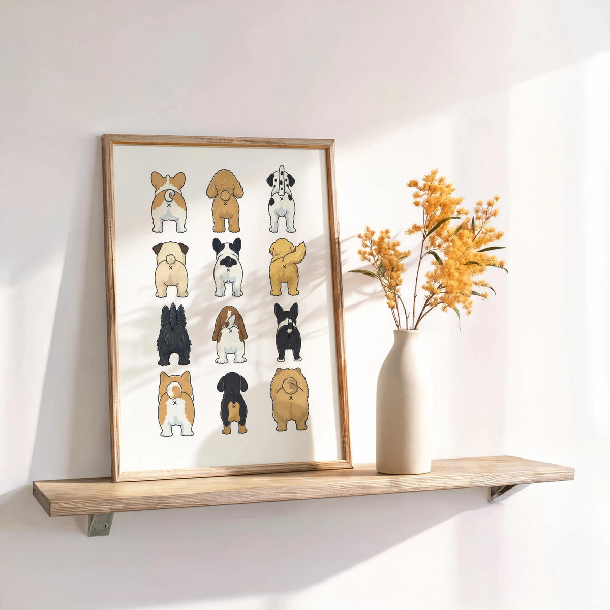 Unframed funny dog butt bathroom art print on wall shelf with dried flowers, soft sunlight
