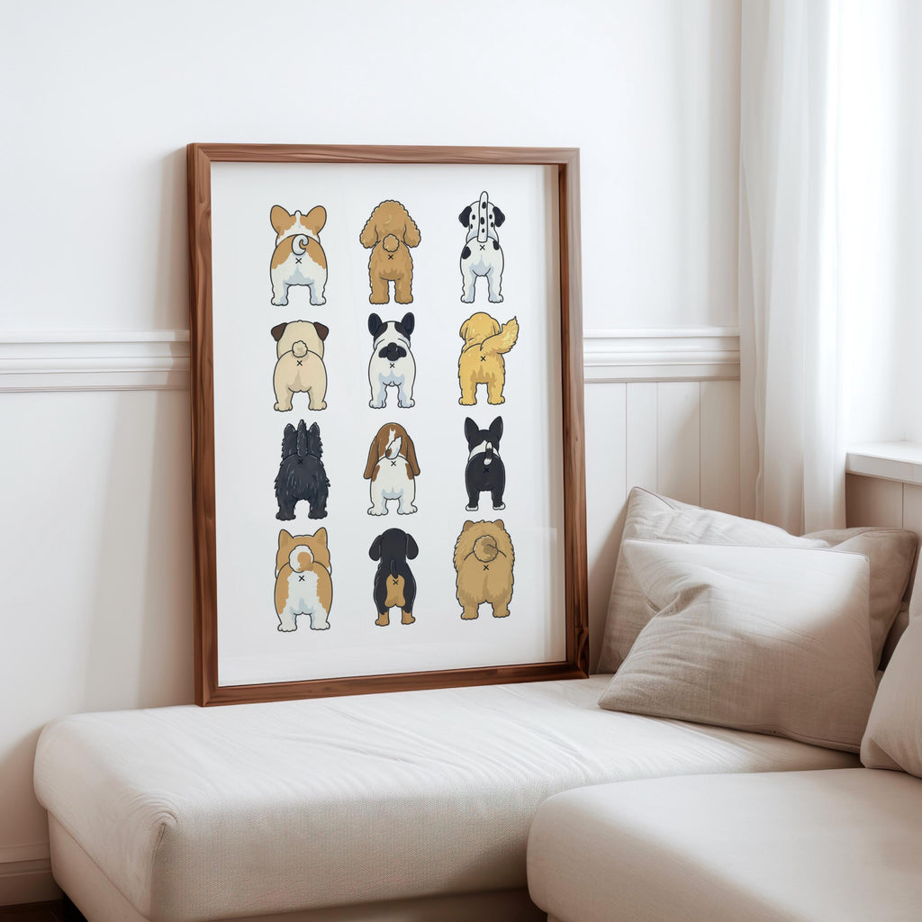 Framed funny dog butt bathroom art print above a cozy corner sofa, soft cushions and Scandinavian decor