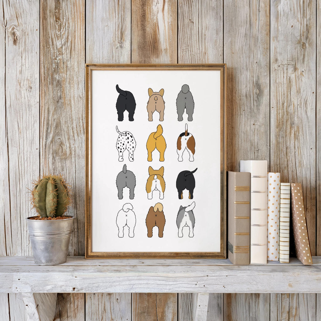 Framed print against rustic plank wall with cactus and stacked books, cozy Scandinavian vibe, quirky restroom wall art