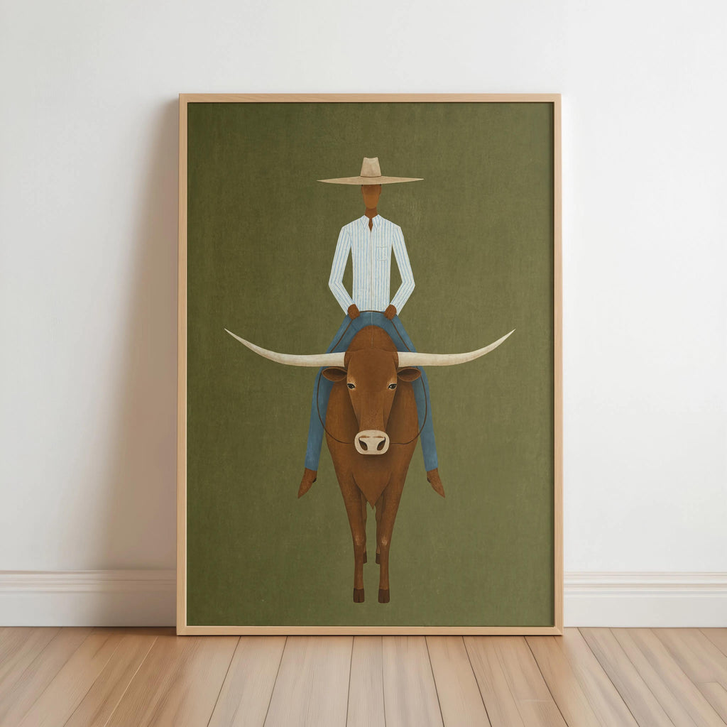 Minimalist Cowboy Painting, Abstract Longhorn Bull Wall Art, Modern Southwestern Decor, Surrealist Texas Ranch Poster, Western Rodeo Gift