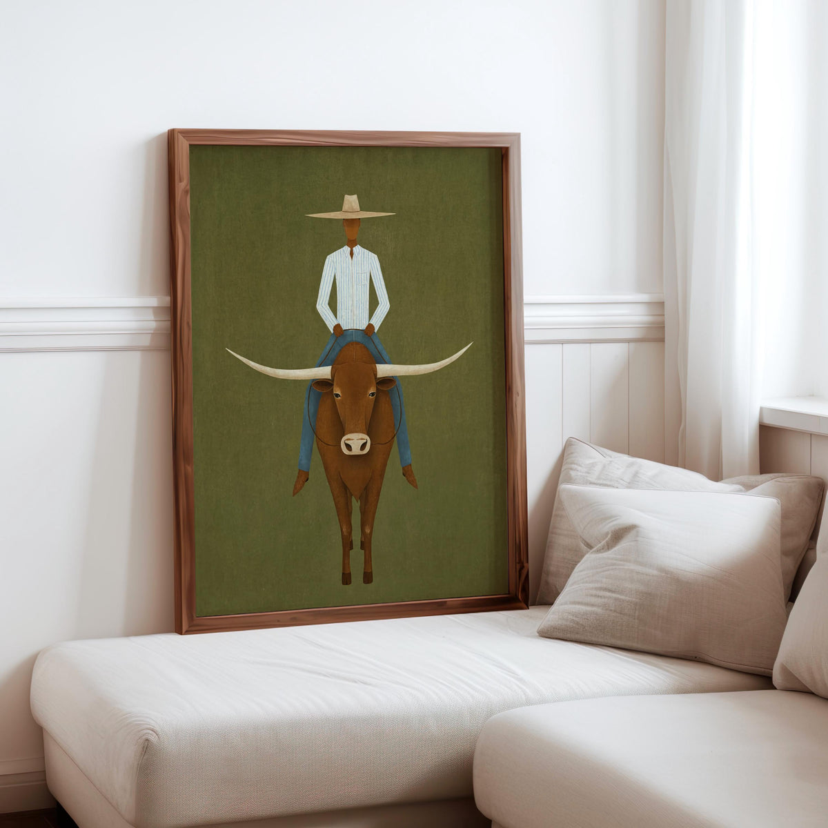 Minimalist Cowboy Painting, Abstract Longhorn Bull Wall Art, Modern Southwestern Decor, Surrealist Texas Ranch Poster, Western Rodeo Gift