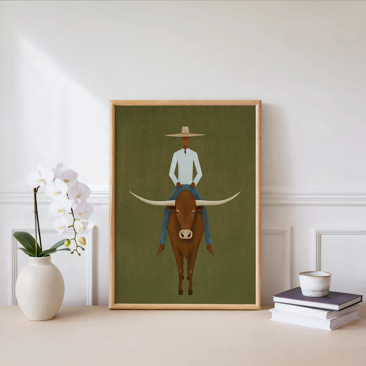 Minimalist Cowboy Painting, Abstract Longhorn Bull Wall Art, Modern Southwestern Decor, Surrealist Texas Ranch Poster, Western Rodeo Gift