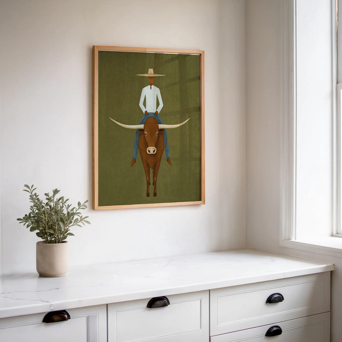 Minimalist Cowboy Painting, Abstract Longhorn Bull Wall Art, Modern Southwestern Decor, Surrealist Texas Ranch Poster, Western Rodeo Gift
