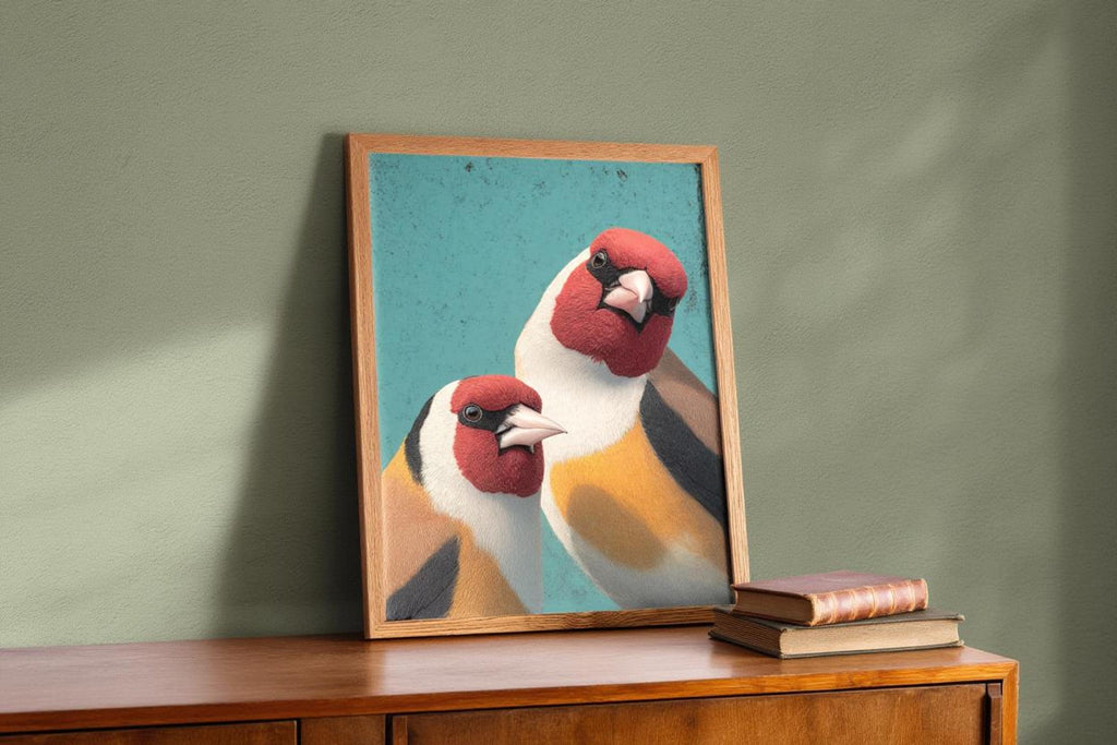 Small framed goldfinch wall art print propped on wooden console, sage wall, stack of books.