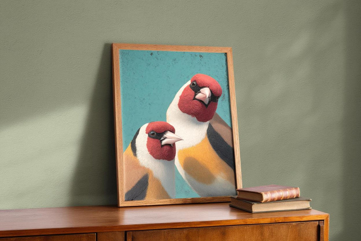 Small framed goldfinch wall art print propped on wooden console, sage wall, stack of books.