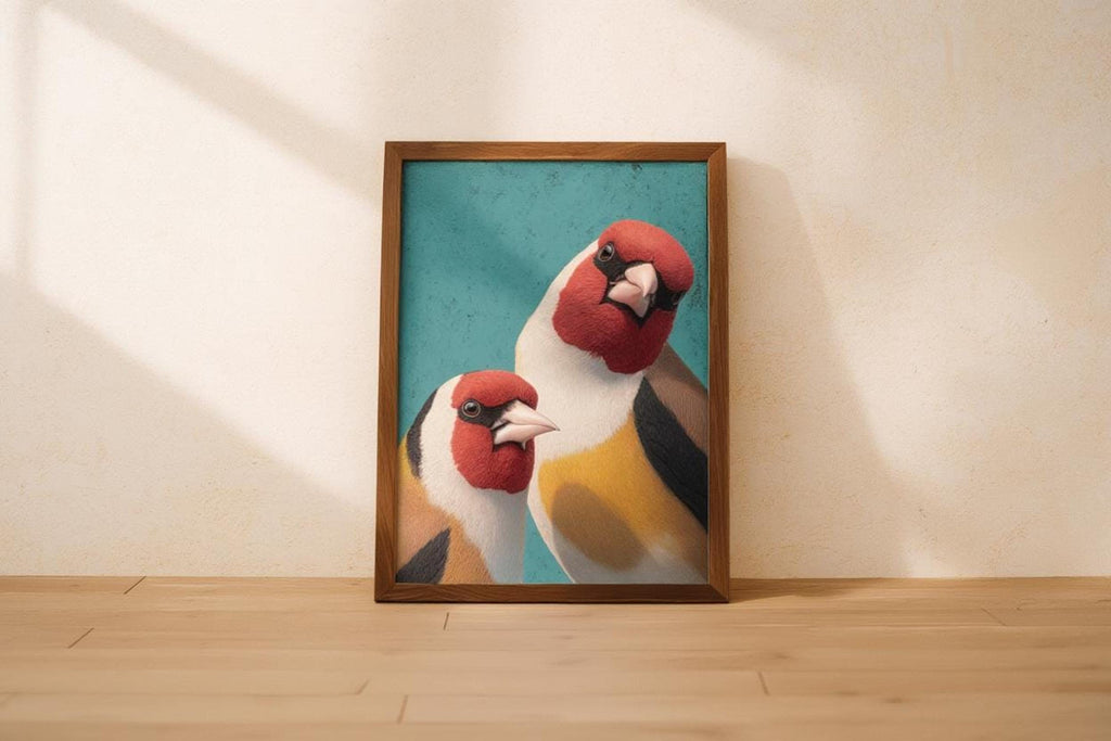 Framed whimsical bird print resting on floor, warm beige wall with soft sunlit shadow.