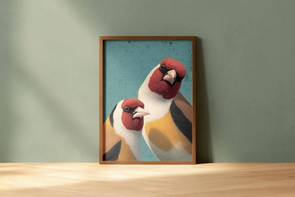 Cute bird wall decor goldfinch print in wood frame, leaning on pale green wall with soft shadow.