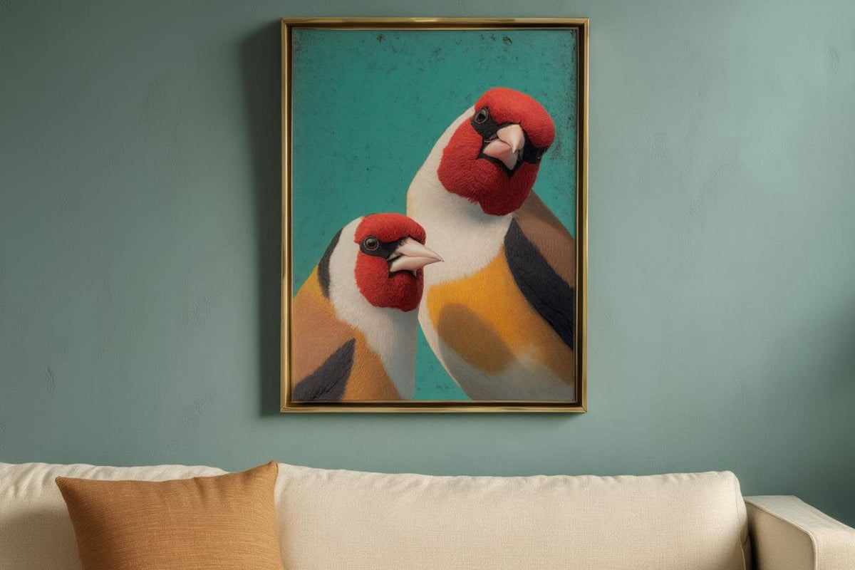 Large colorful bird art print in wood frame above cream sofa, teal wall, playful modern feel.