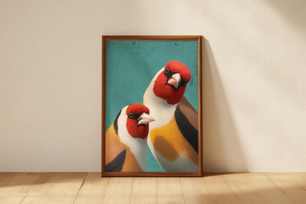 Wood framed whimsical bird print leaning on floor, sandy beige wall, crisp side lighting and shadow.