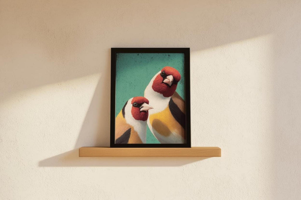 Small framed playful bird print sitting on thin shelf, creamy wall with soft shadow, nursery-ready.