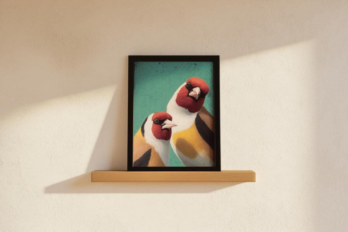 Small framed playful bird print sitting on thin shelf, creamy wall with soft shadow, nursery-ready.
