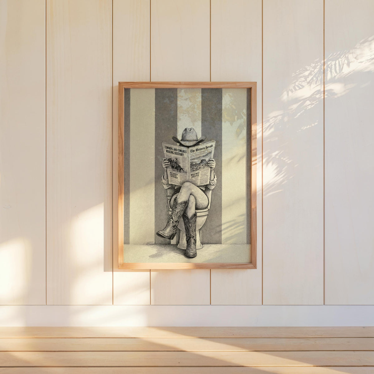 Cowgirl Reading Newspaper Art, Feminine Western Wall Decor, Vintage Funny Bathroom Print, Rustic Cowboy Boots Poster, Ranch Restroom Gift