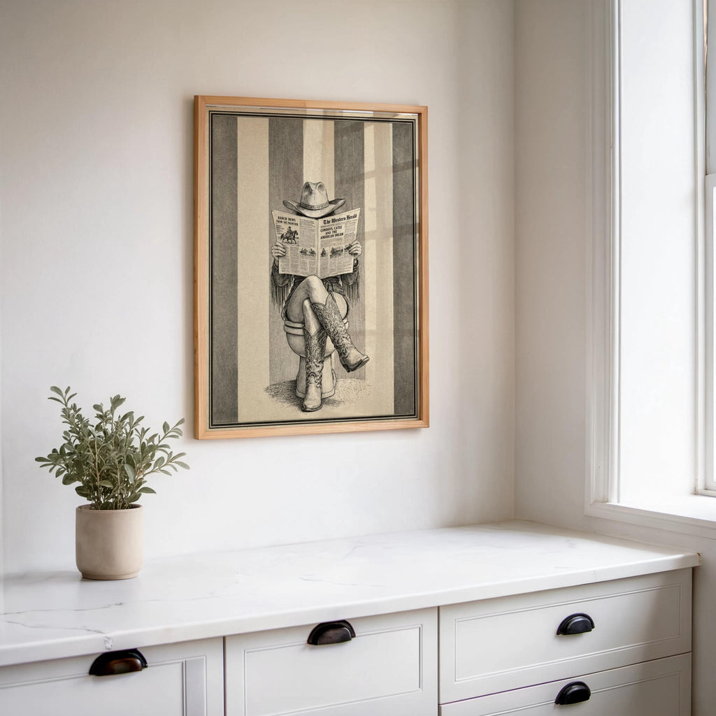 Cowgirl Western Bathroom Wall Art, Newspaper Feminine Print, Funny Bathroom Decor, Retro Rustic Cowboy Boots Poster, Farmhouse Illustration