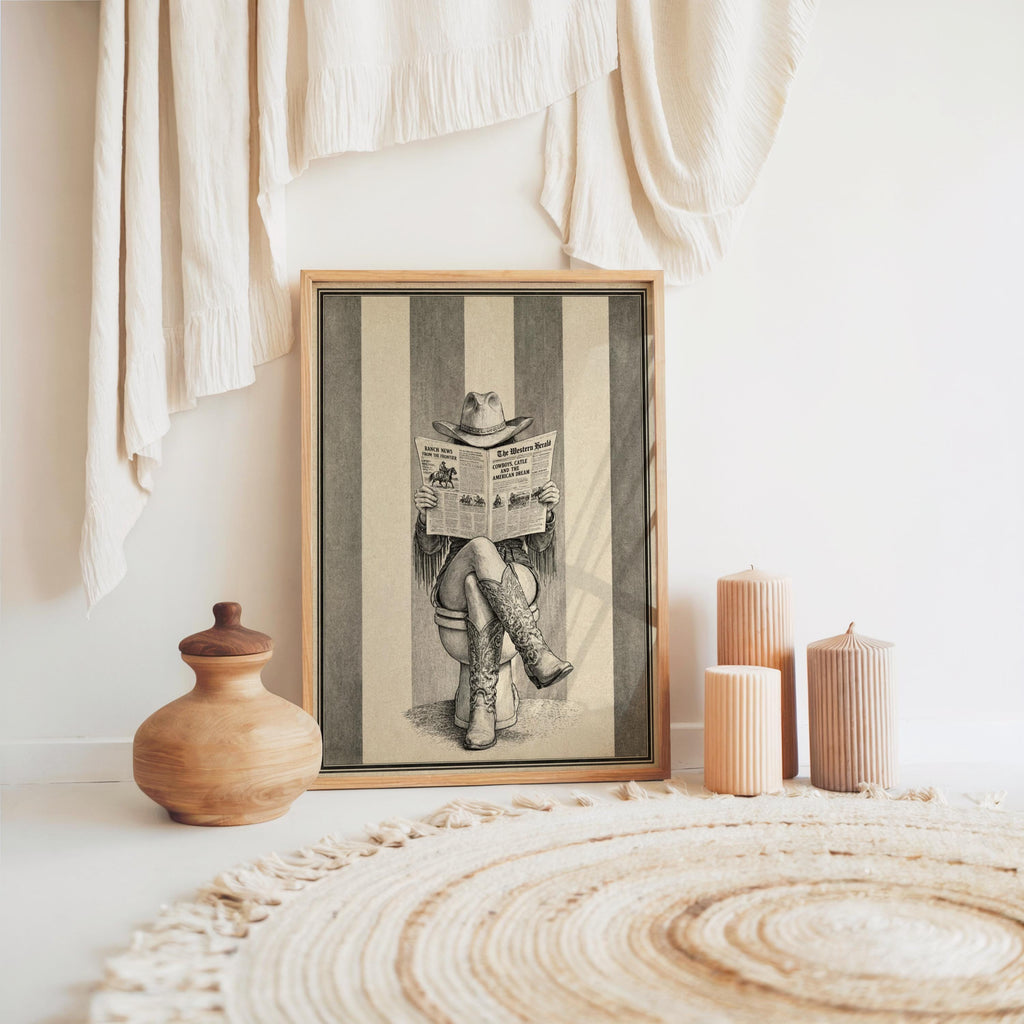 Cowgirl Western Bathroom Wall Art, Newspaper Feminine Print, Funny Bathroom Decor, Retro Rustic Cowboy Boots Poster, Farmhouse Illustration
