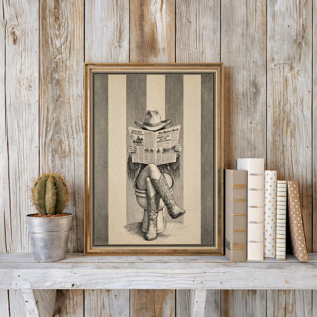 Cowgirl Western Bathroom Wall Art, Newspaper Feminine Print, Funny Bathroom Decor, Retro Rustic Cowboy Boots Poster, Farmhouse Illustration