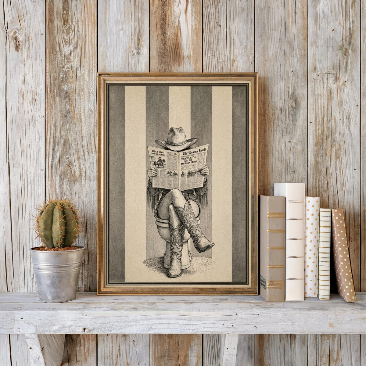 Cowgirl Western Bathroom Wall Art, Newspaper Feminine Print, Funny Bathroom Decor, Retro Rustic Cowboy Boots Poster, Farmhouse Illustration