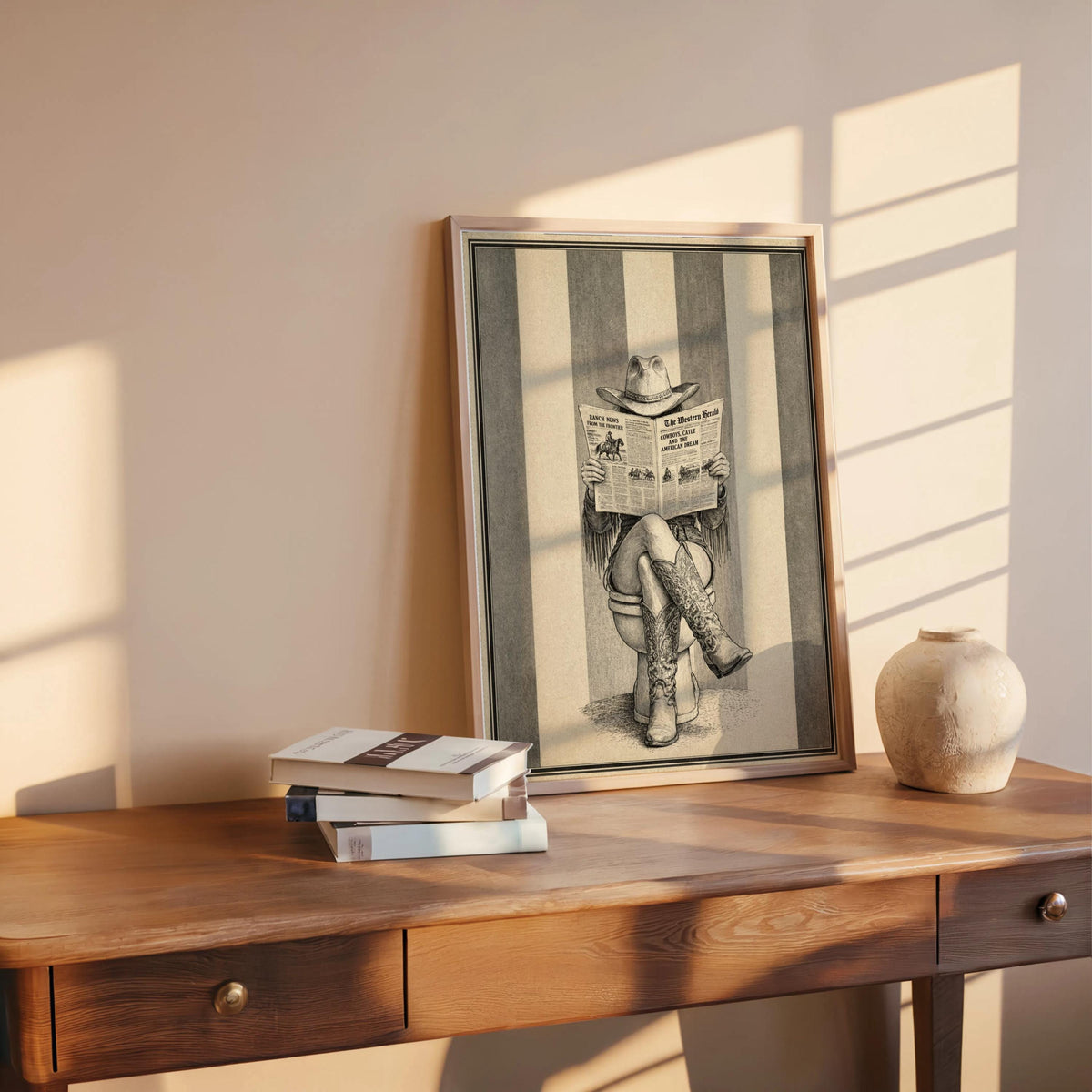 Cowgirl Western Bathroom Wall Art, Newspaper Feminine Print, Funny Bathroom Decor, Retro Rustic Cowboy Boots Poster, Farmhouse Illustration