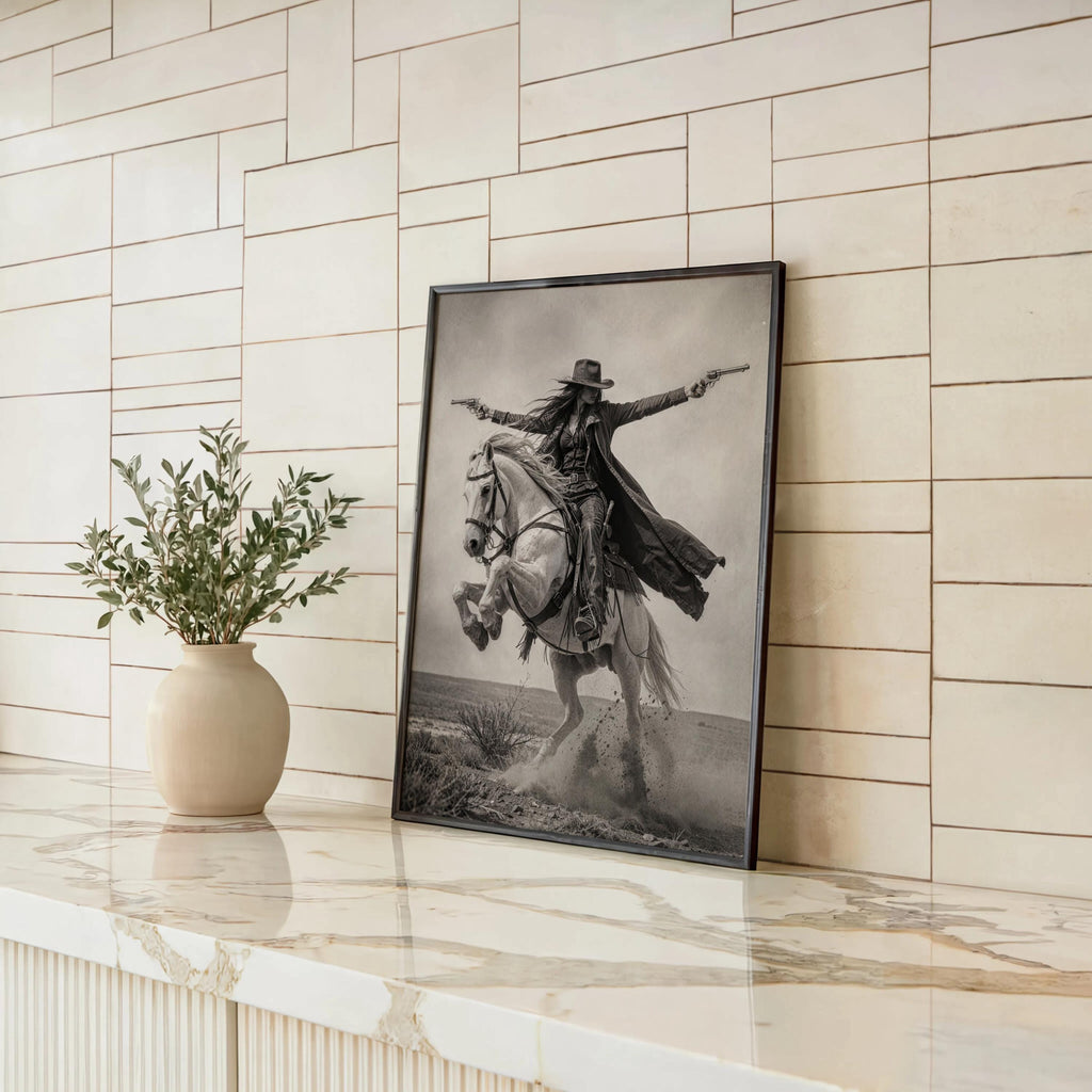 Gunslinger Cowgirl Poster, Wild West Horse Riding Wall Art, Vintage Outlaw Photography, Western Female Cowboy with Guns Living Room Decor