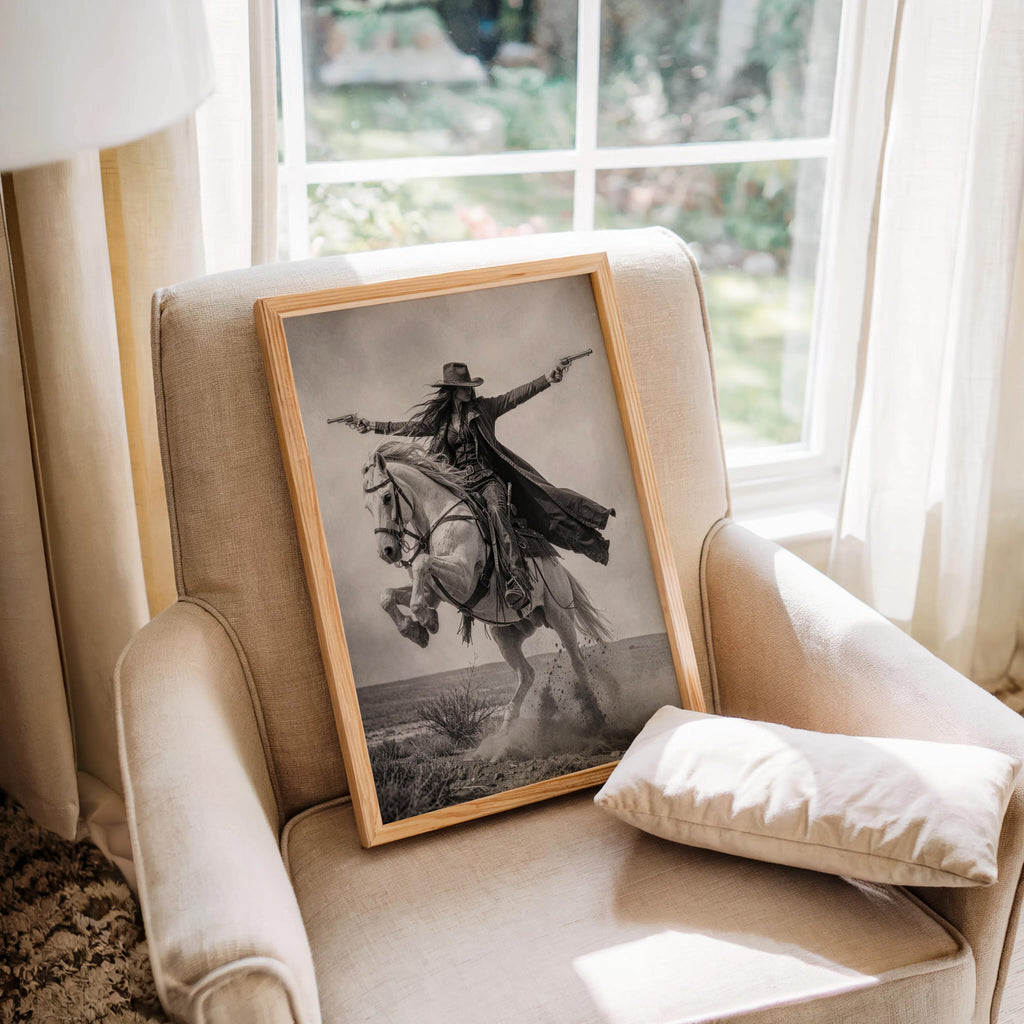 Gunslinger Cowgirl Poster, Wild West Horse Riding Wall Art, Vintage Outlaw Photography, Western Female Cowboy with Guns Living Room Decor