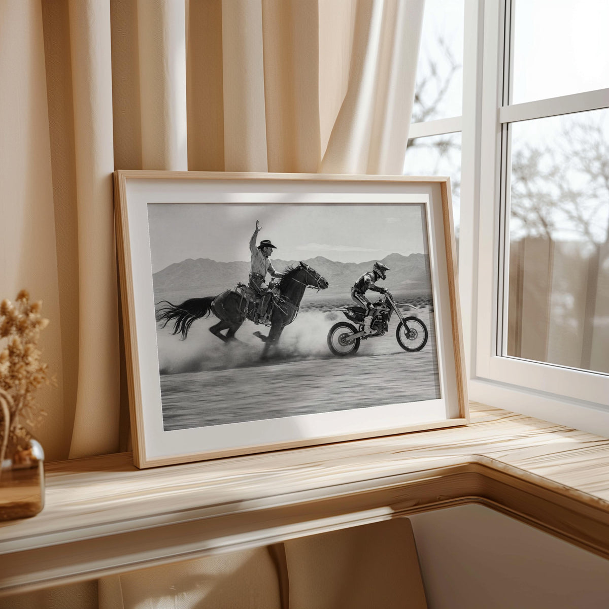 Horse VS Dirt Bike Wall Art, Western Motocross Print, Cowboy Racing Motorcycle Poster, Masculine Home Decor, Gift for Boyfriend