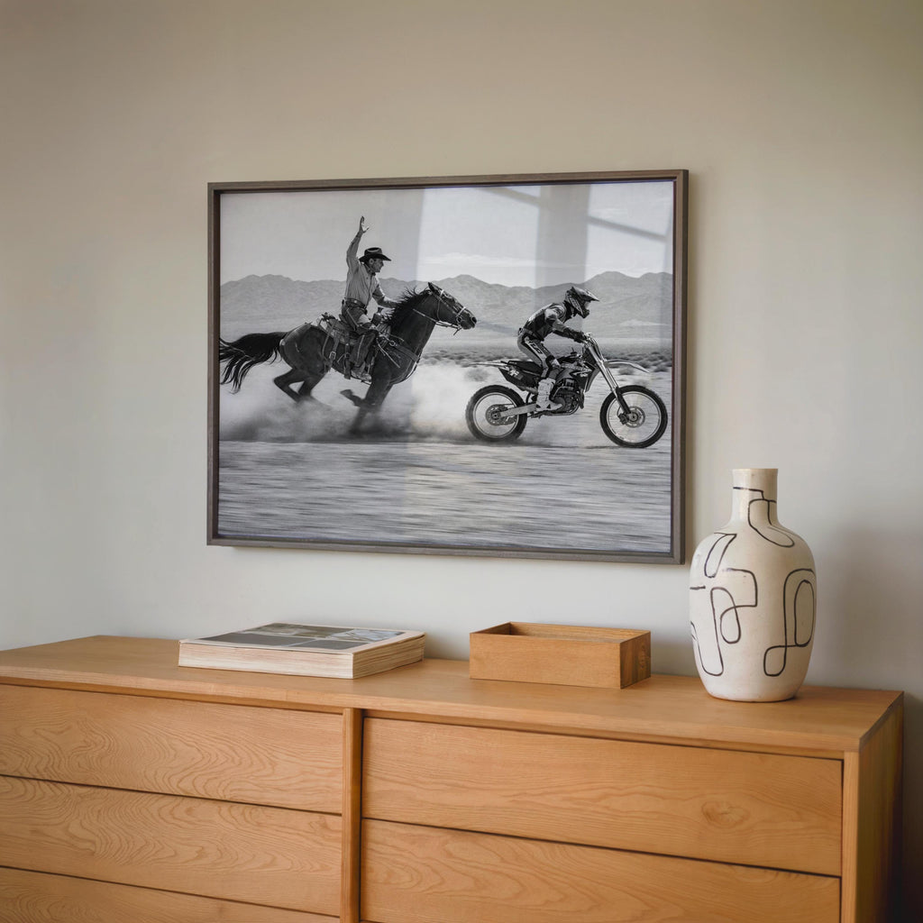 Horse VS Dirt Bike Wall Art, Western Motocross Print, Cowboy Racing Motorcycle Poster, Masculine Home Decor, Gift for Boyfriend