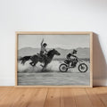 Horse VS Dirt Bike Wall Art, Western Motocross Print, Cowboy Racing Motorcycle Poster, Masculine Home Decor, Gift for Boyfriend