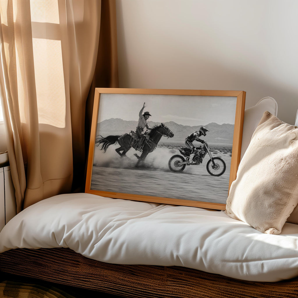 Horse VS Dirt Bike Wall Art, Western Motocross Print, Cowboy Racing Motorcycle Poster, Masculine Home Decor, Gift for Boyfriend