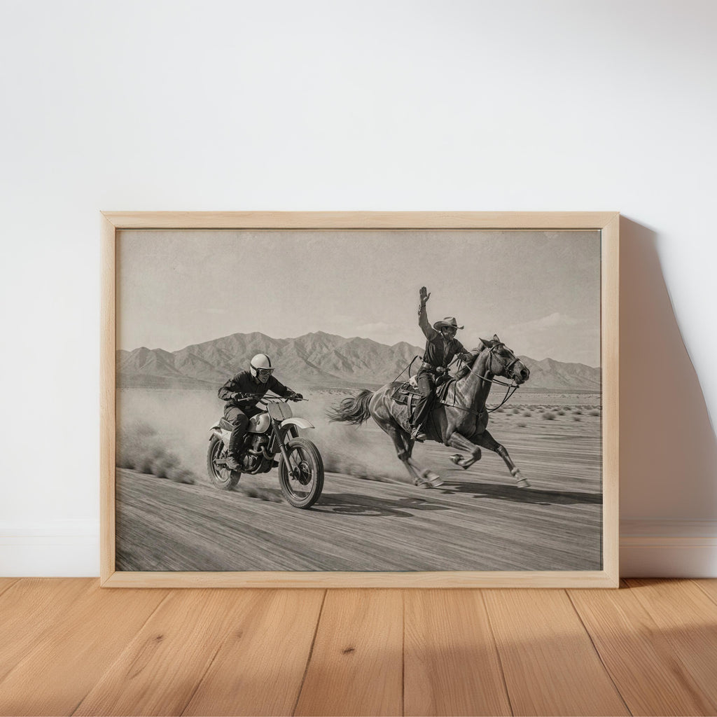 Vintage Motocross Wall Art, Cowboy on Horse Racing Dirt Bike Print, Retro Motorcycle Poster, Black and White Western Home Decor Gift