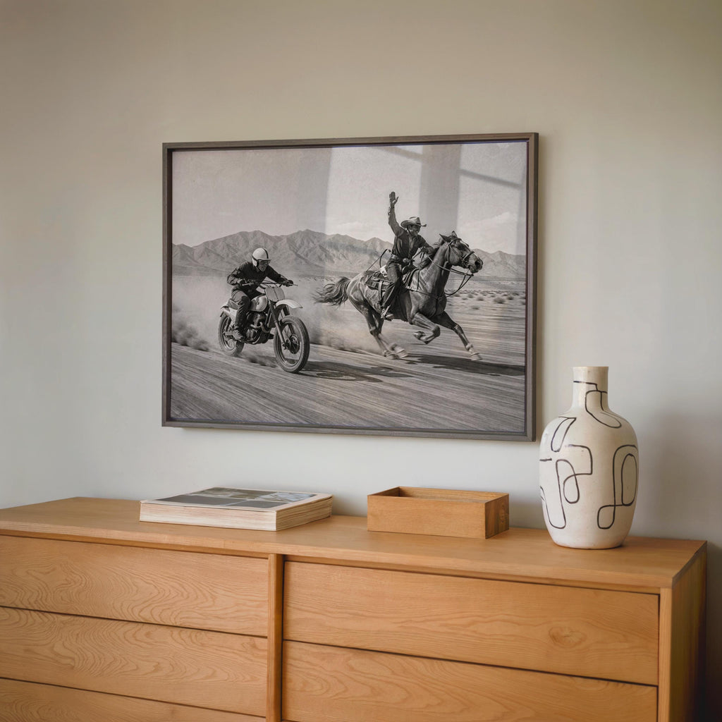 Vintage Motocross Wall Art, Cowboy on Horse Racing Dirt Bike Print, Retro Motorcycle Poster, Black and White Western Home Decor Gift