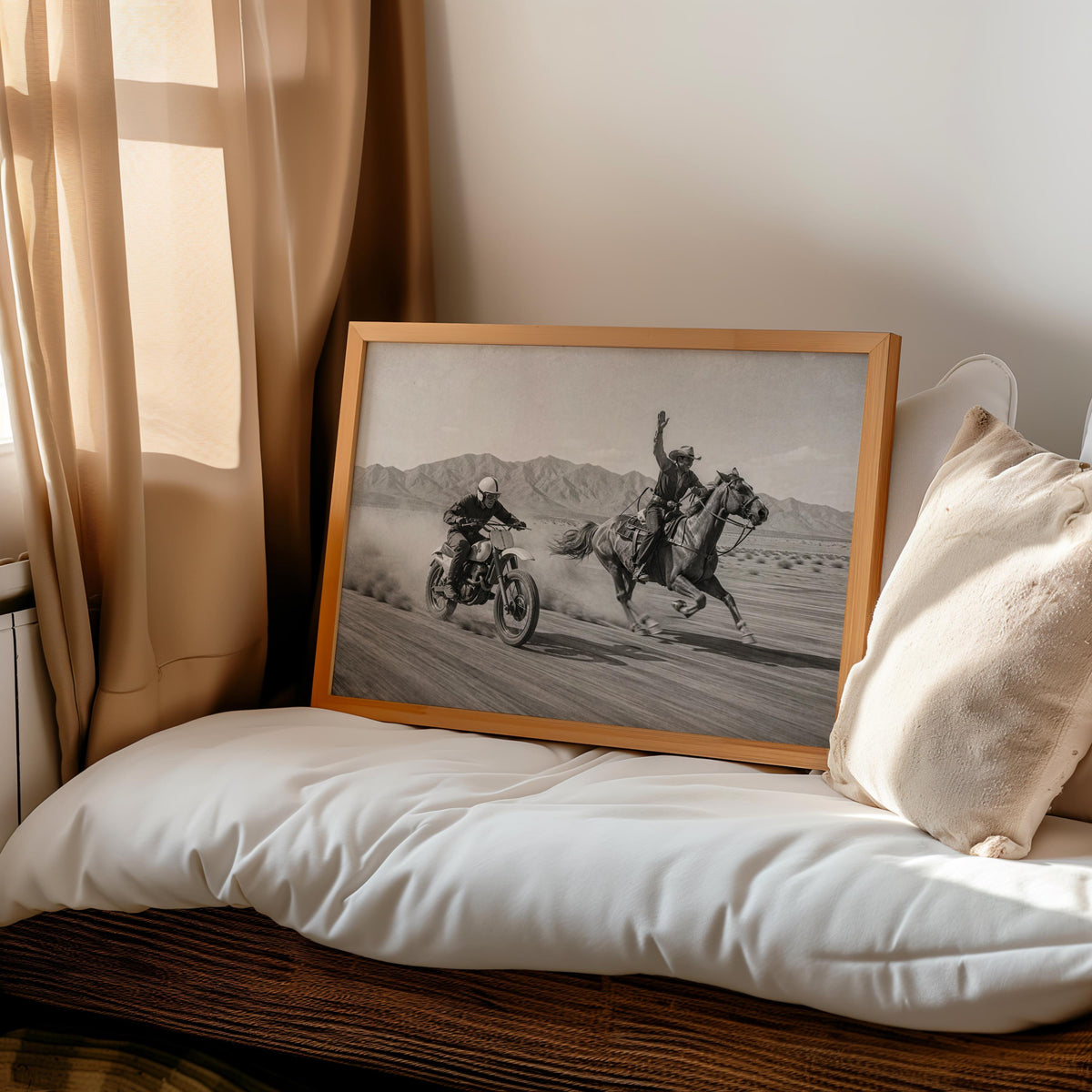 Vintage Motocross Wall Art, Cowboy on Horse Racing Dirt Bike Print, Retro Motorcycle Poster, Black and White Western Home Decor Gift