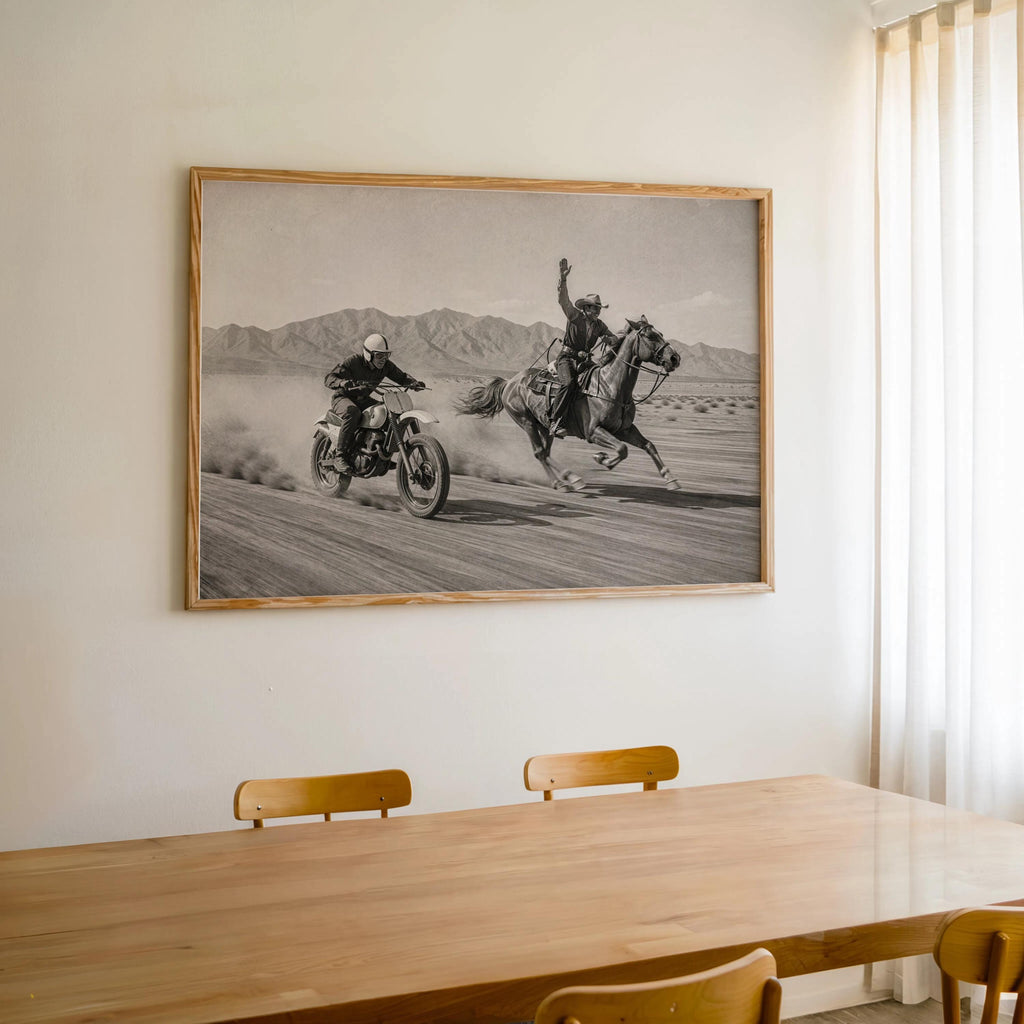 Vintage Motocross Wall Art, Cowboy on Horse Racing Dirt Bike Print, Retro Motorcycle Poster, Black and White Western Home Decor Gift