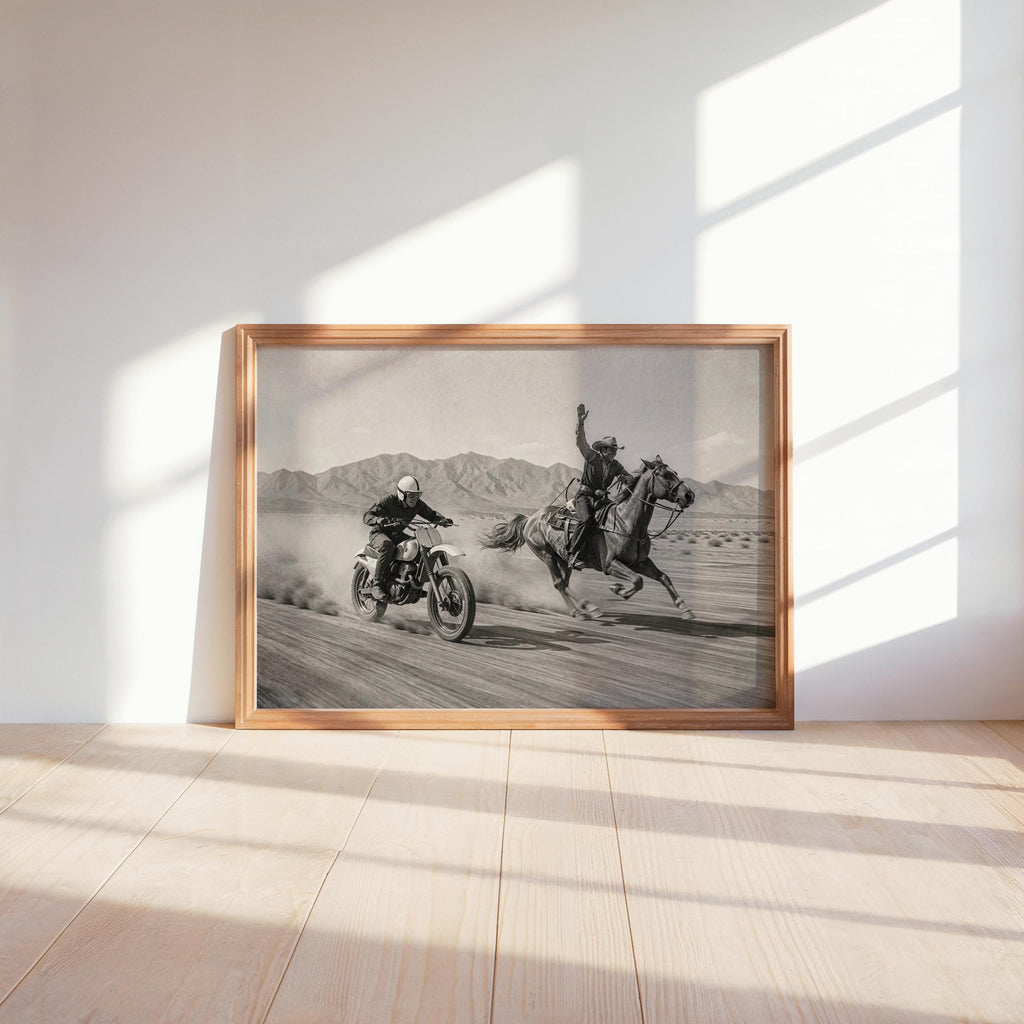 Vintage Motocross Wall Art, Cowboy on Horse Racing Dirt Bike Print, Retro Motorcycle Poster, Black and White Western Home Decor Gift