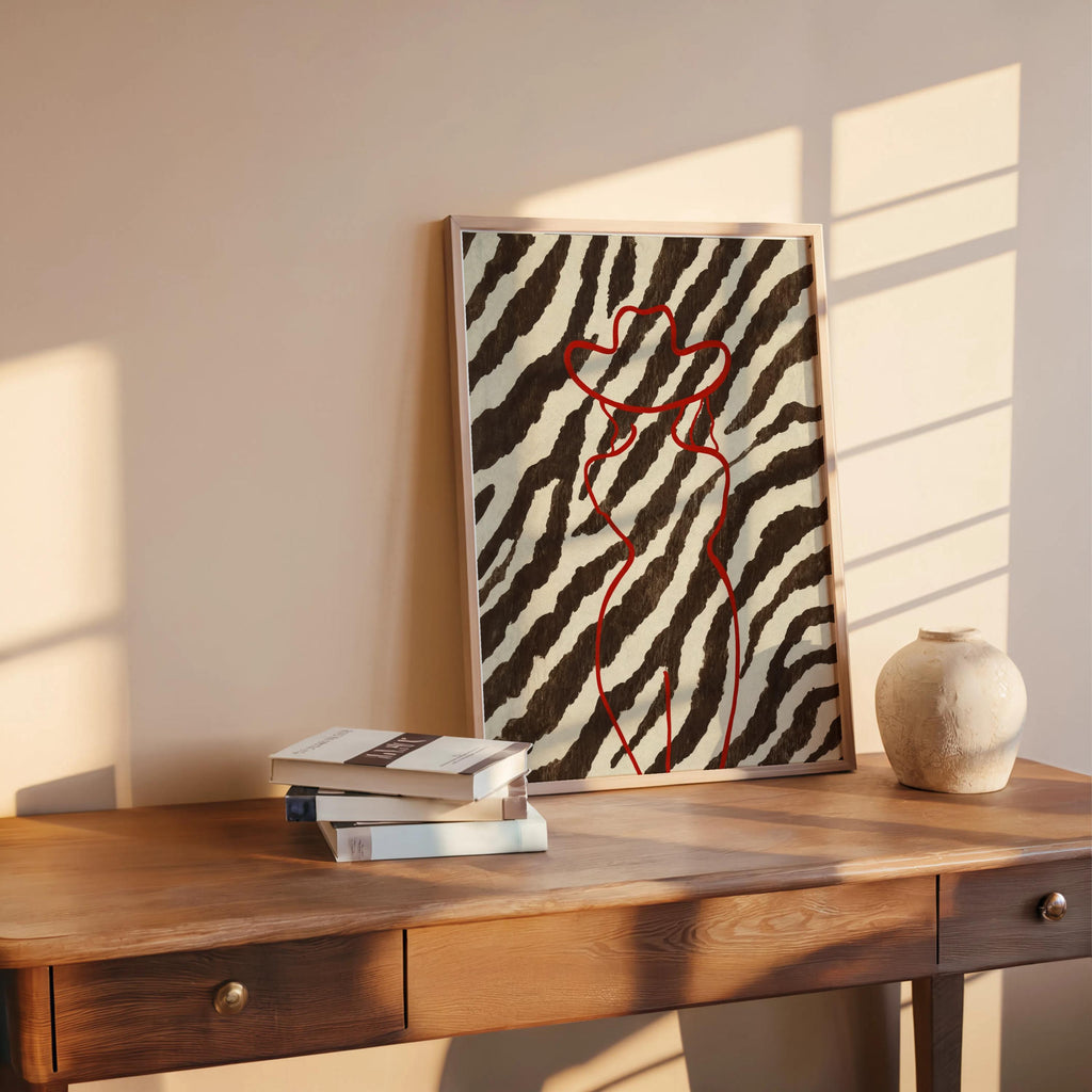 Red Cowgirl Outline Wall Art, Brown Zebra Print Poster, Trendy Western Aesthetic Decor, Modern Minimalist Cowboy Line Art Print Fashion Gift