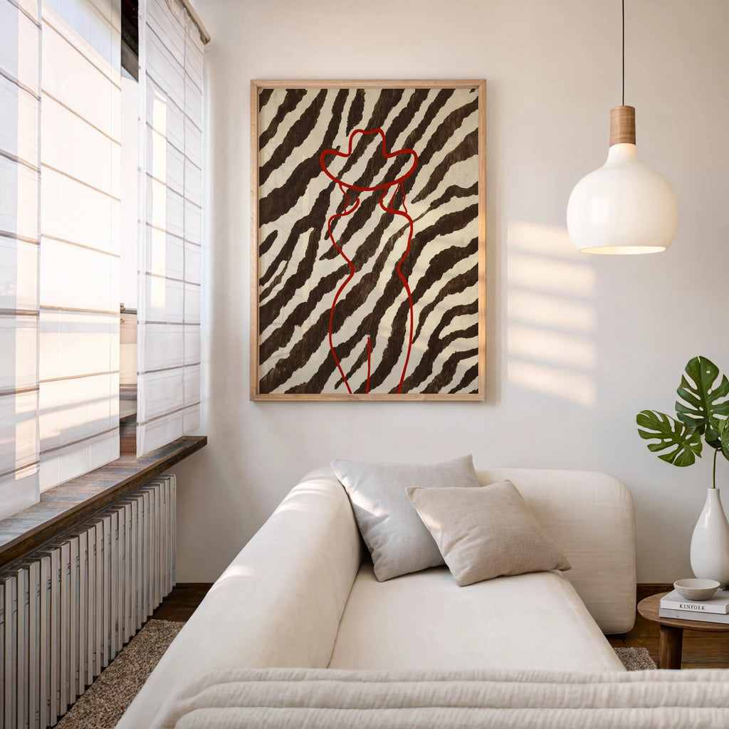 Red Cowgirl Outline Wall Art, Brown Zebra Print Poster, Trendy Western Aesthetic Decor, Modern Minimalist Cowboy Line Art Print Fashion Gift